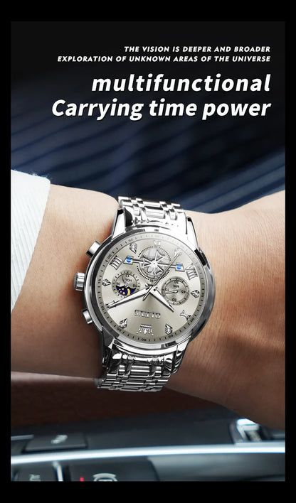 OLEVS Men's Watches Classic Multifunctional Fltwheel Chronograph Original Quartz Wristwatch Moon Phase 24 Hour Waterproof reloj.