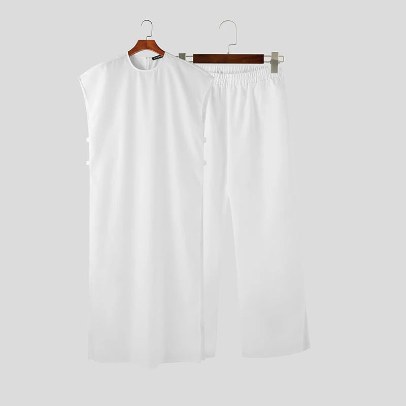 INCERUN Men Sets Muslim Clothing Saudi Arabia Solid O-neck Sleeveless Kaftan Jubba Thobe & Pants 2PCS 2024 Islamic Men's Suits.