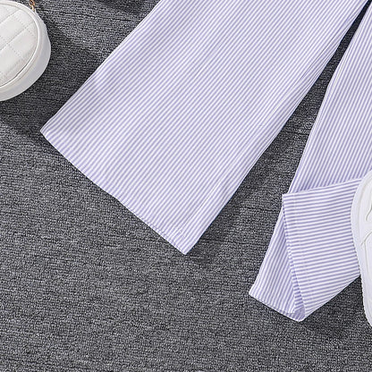 Spring Hot Sale Kids Outfit 4-12 Years Girls Striped Long Sleeve Chemise + Casual Loose Straight Leg Pants Shirt Suit 2Pcs Set.