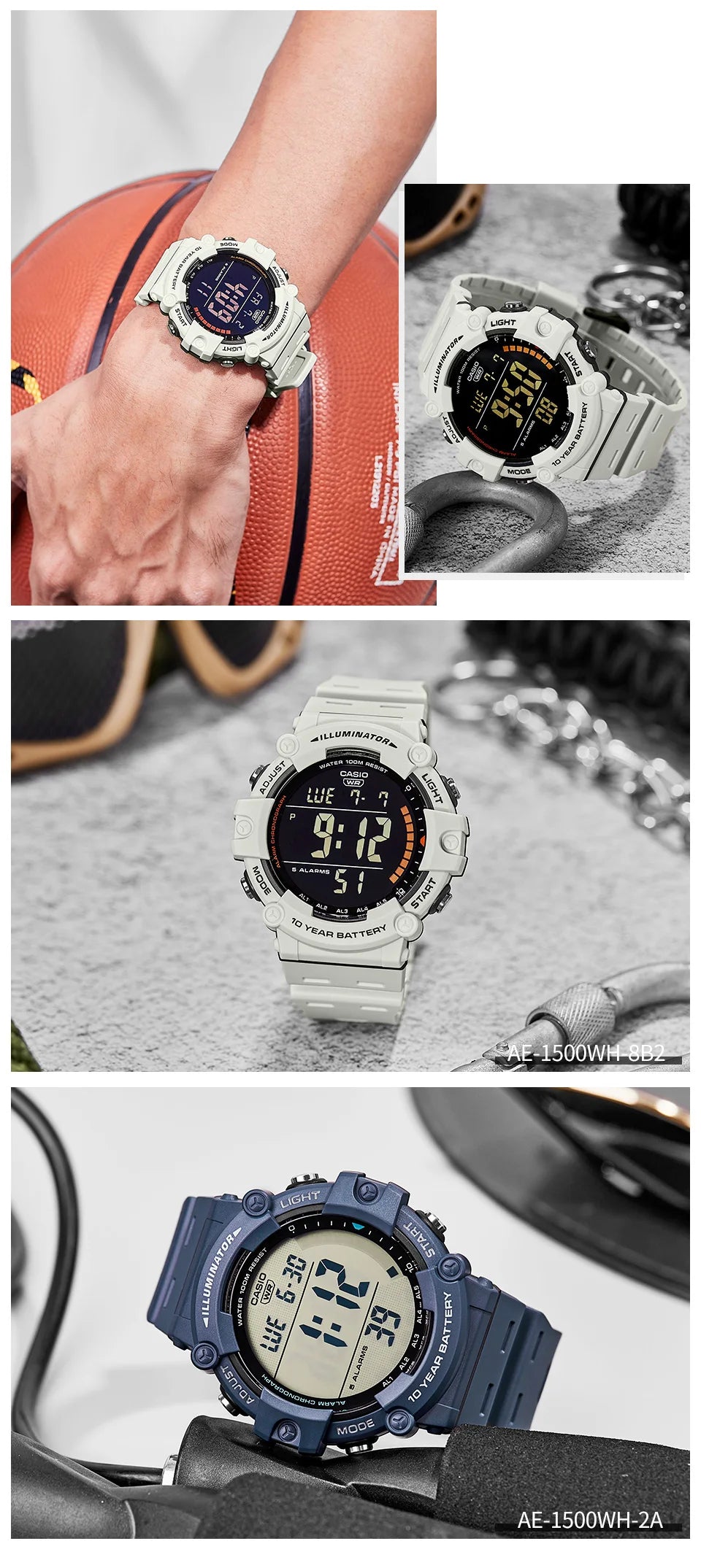 Casio Men's Watch Large Dial Sporty Model Stylish Cool Multifunctional Watches AE-1500WH-8B2.