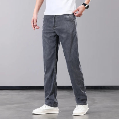 Summer Thin Men's Jeans Lyocell Fabric Soft Breathable Straight Denim Pants Brand Man Elastic Ice Silk Casual Trousers Grey Blue.