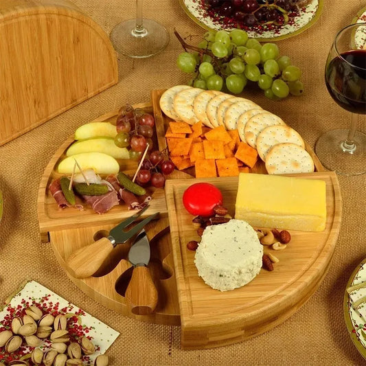 Bamboo Cheese Plate Cutting Board Pull-Out Scalloped Deli Board Assortment Snack Platter.