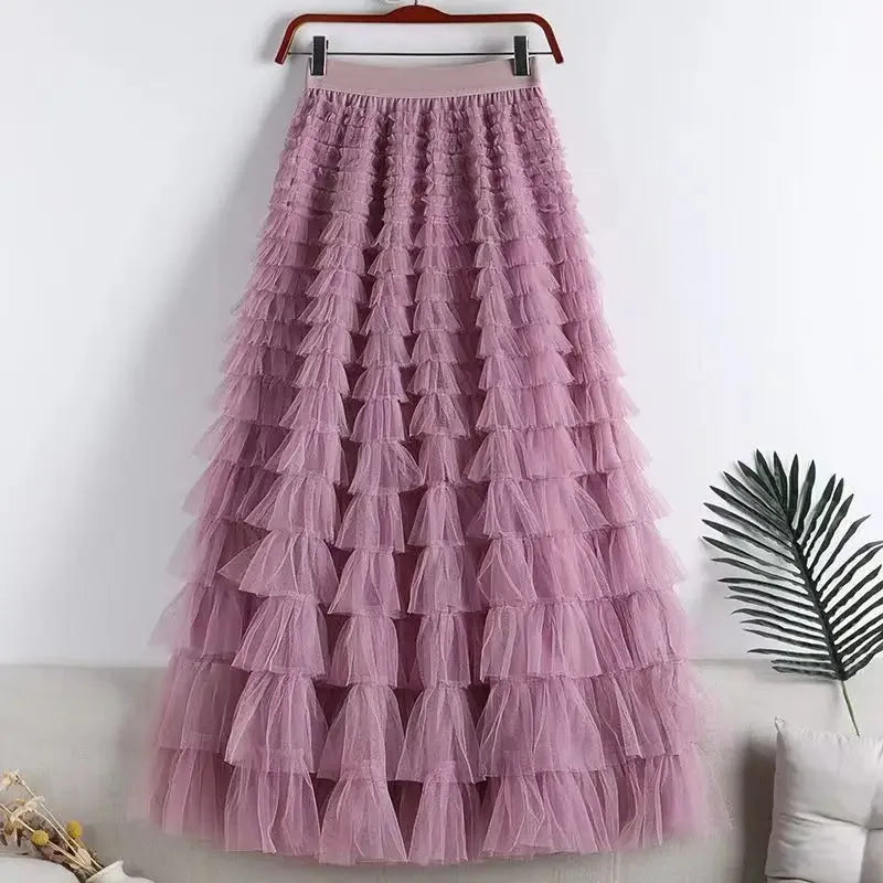 Chamliforve Women Tulle Mesh Skirt Elegant Elastic Waist Fairy Long A-line Tutu Skirt for Spring Summer Long Cake Skirt