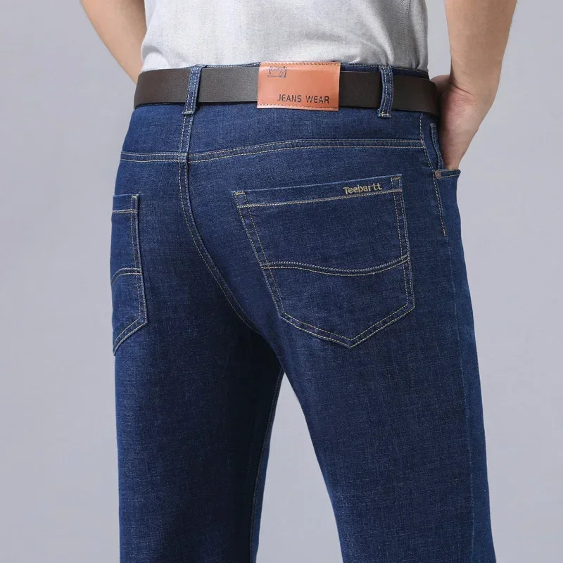 2024 New Brand Men's Fit Straight Lightweight Cotton Stretch Denim Pants Casual Male High Waist Thin Light Blue Business Jeans