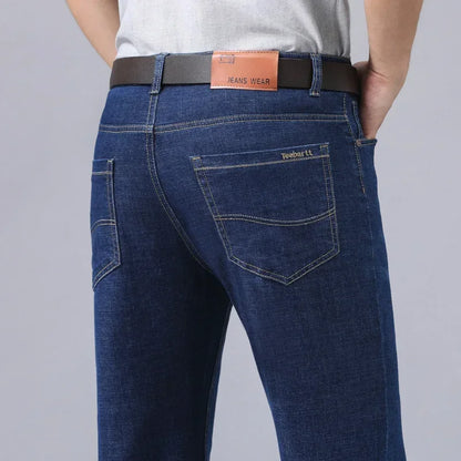 2024 New Brand Men's Fit Straight Lightweight Cotton Stretch Denim Pants Casual Male High Waist Thin Light Blue Business Jeans