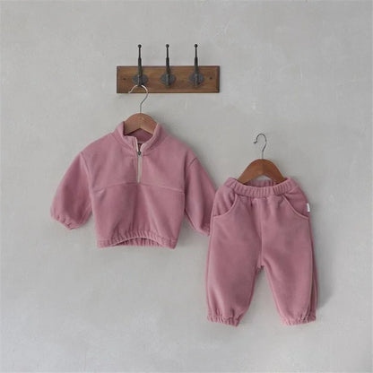 Kids Fleece Warm Set Winter Plus Velvet Outfits Long Sleeved Pullover Tops+Pants 2Pcs Autumn Children's Casual Clothing Suits
