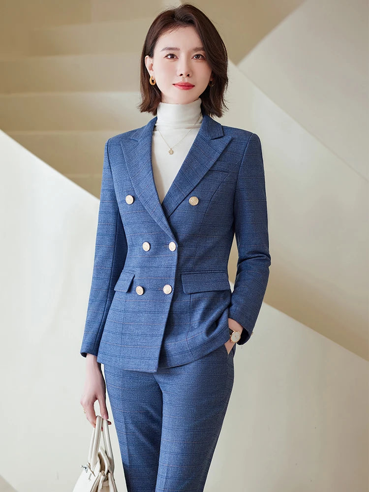 Autumn Winter Red Coffee Blue Black Ladies Pant Suit Women Female Business Work Wear Plaid Jacket and Trouser Blazer 2 Piece Set.