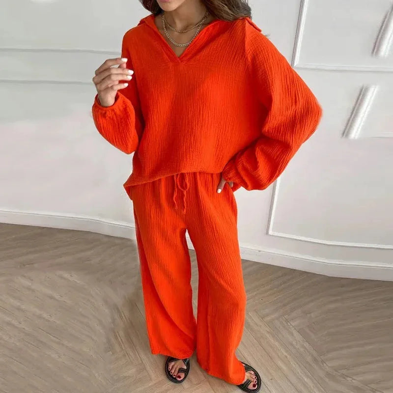 Women's Suit Solid Color Casual Loose 2025 Elegant Spring And Summer Fashion New Long-sleeved Lapel Top + Drawstring Pants Suit.