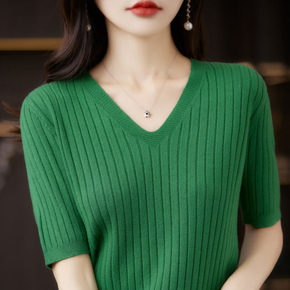Frauen Pullover Frühling Sommer Kurzarm V-ausschnitt Strick Hemd Casual Koreanische Pullover Streifen Bodenbildung Shirt Slim Fit Jumper