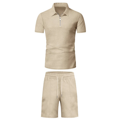 Men's Comfortable Short-Sleeved Waffle Polo Shirt And Shorts Set - Breathable Lightweight Spring/Summer Clothing.