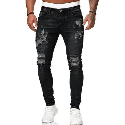 Zerrissene mittlere Taille Slim Fit Herren Jeans Vintage Denim Punk Wash Solid Punk Style Skinny Bleistifthose Distressed Holes Knöchellänge.