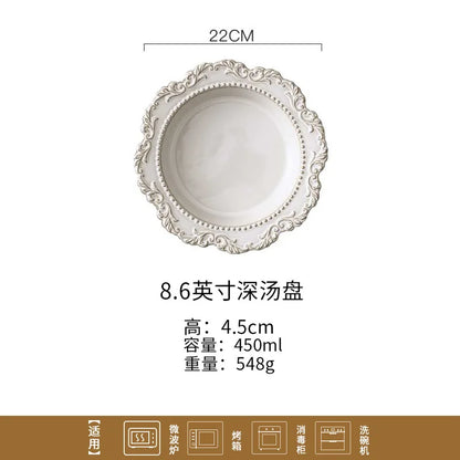 French Baroque Retro Relief Court Style Ceramic Dinner Plate European Tableware Western Food Plate Soup Plate Bowl Set.