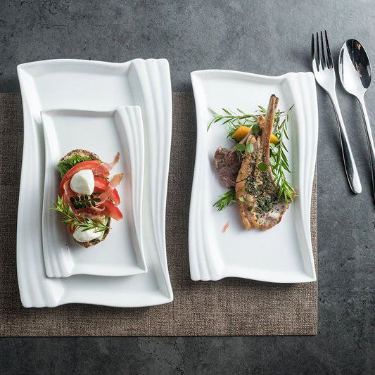 Creative Ceramic White Rectangular Western Food Plate Hotel Restaurant Special Cake Dessert Tableware Household Sushi Set Plate.