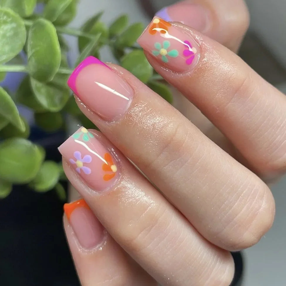 24pcs/box Glossy Short Square Fake Nails Colorful French Tip Press On Nails Flower Pattern Spring Summer False Nails For Women.