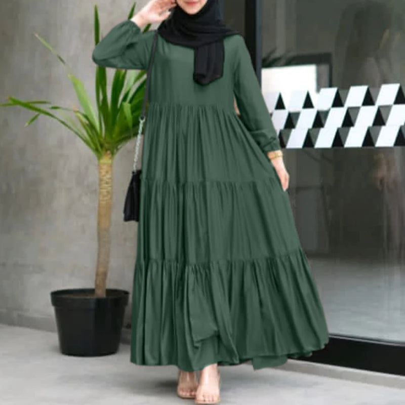 ZANZEA Muslim Fashion Tiered Long Dresses Women Islamic Hijab Style Casual Long Sleeve O Neck Maxi Vestidos Solid Abaya Robes.