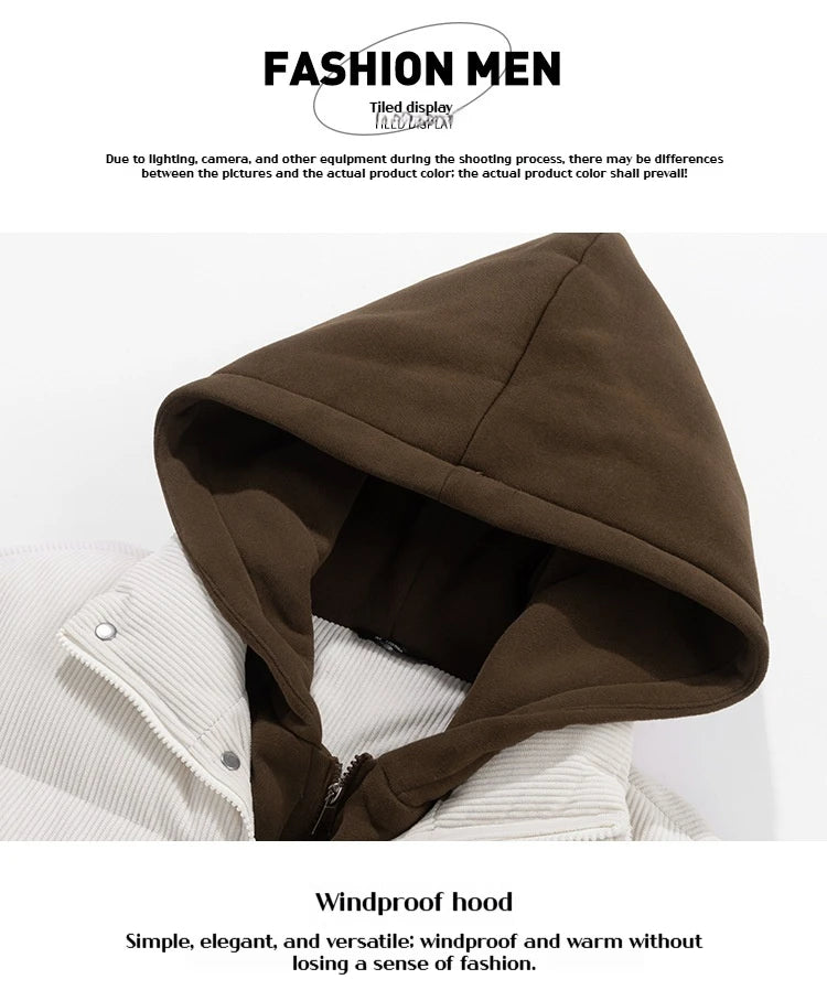 Japanese and Korean Winter Men's Thick Hooded Cotton Jacket Short Corduroy Cotton Jacket Trendy Warm Cotton Jacket Versatile.