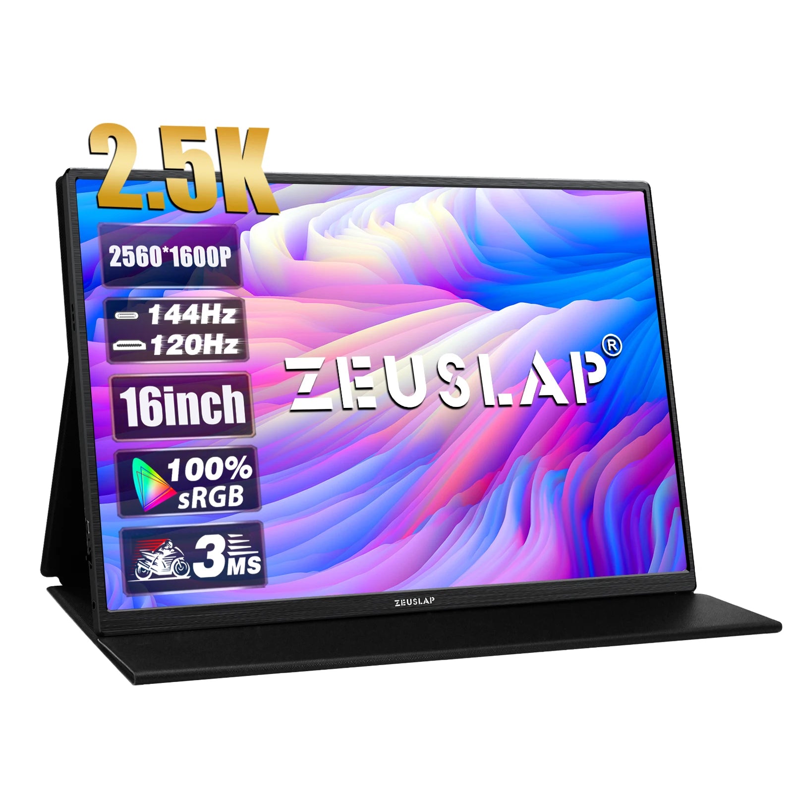 ZEUSLAP 16" 2.5K 144hz Portable Monitor 2560*1600 16:10 100%sRGB 500Cd/m²  Travel Gaming Display for Laptop Switch ps4 ps5 Xbox.