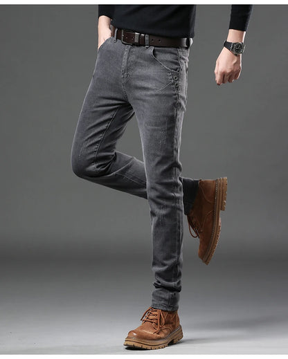 New Pure Gray Korean Slim Jeans Men's Stretch Tight Trendy Jean Trousers Branded Streetwear Comfortable Man Clothing Pants.