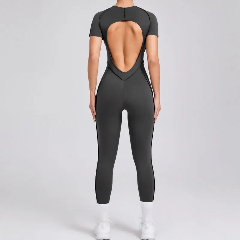 Seamless Yoga Jumpsuits Sports Fitness Hip-lifting Backless Short-sleeved One-piece Workout Gym Leggings Tracksuits for Women.