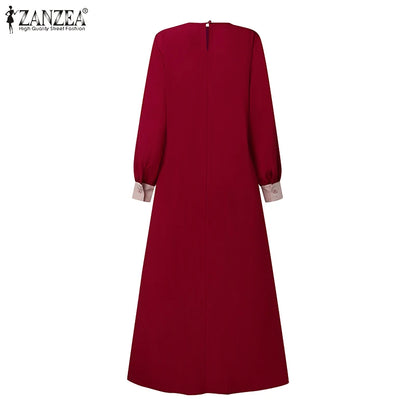 ZANZEA Mode Frauen Langarm Muslimischen Abaya Kleid Frühling Patchwork Maxi Kleider Robe Femme IsIamic Vestidos Lace Up Sommerkleid