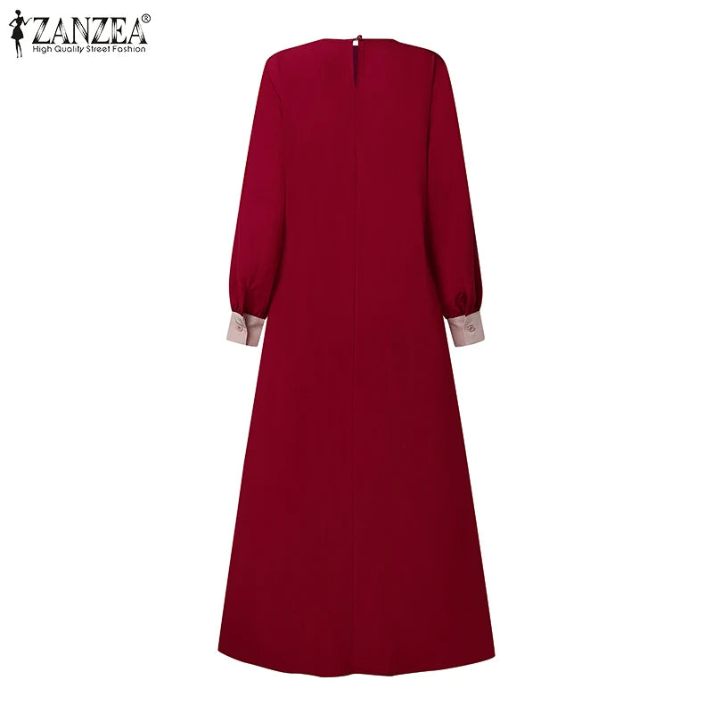 ZANZEA Mode Frauen Langarm Muslimischen Abaya Kleid Frühling Patchwork Maxi Kleider Robe Femme IsIamic Vestidos Lace Up Sommerkleid