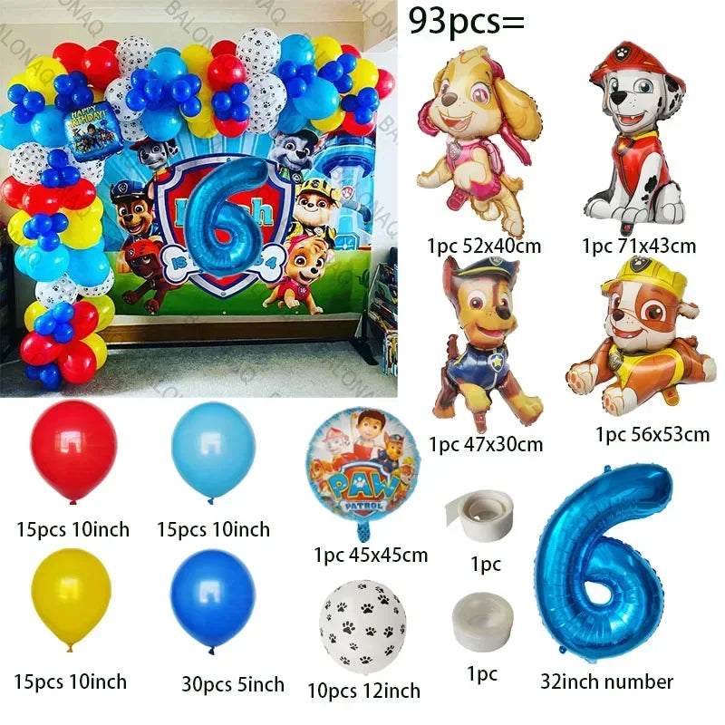 93PCS Dog Theme Party Set Birthday Party Decoration Paw Patrol Skin Dog Paw Balloon Bone Aluminum Film Balloon Decoration