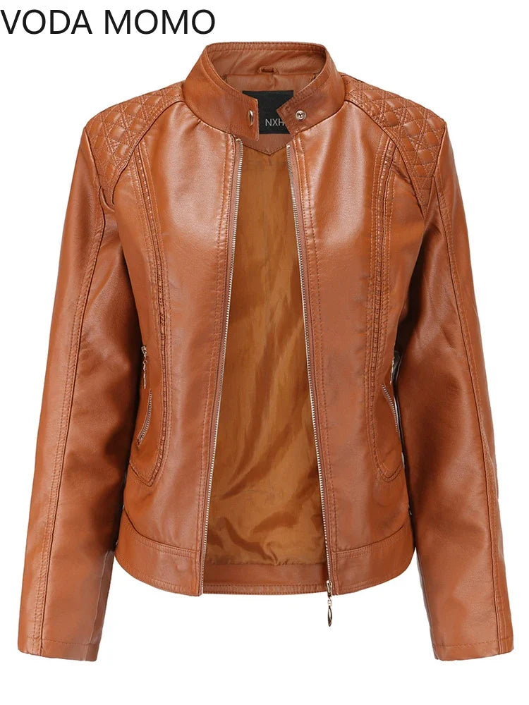 Women's Elegant Stand-up Collar Solid Jacket 2022 Female Three-dimensional Pattern Coat S-4XL New Pu Faux Leather Jacket Women.