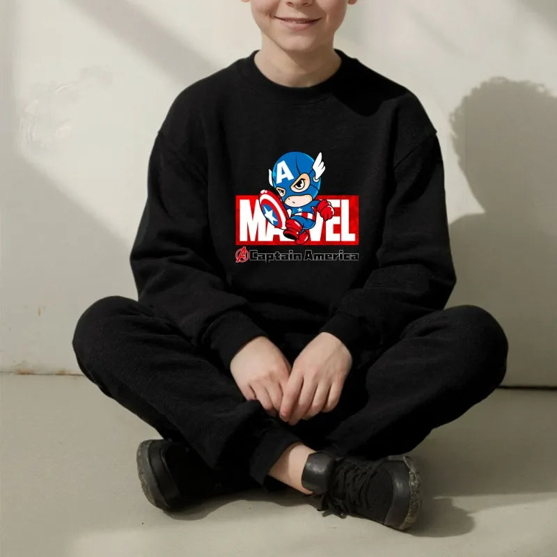 Marvel Spring/autumn Children's Clothing  Sets Captain America Boys O Neck Hoodies Pants Two Piece Casual Pullover Set for Kids.