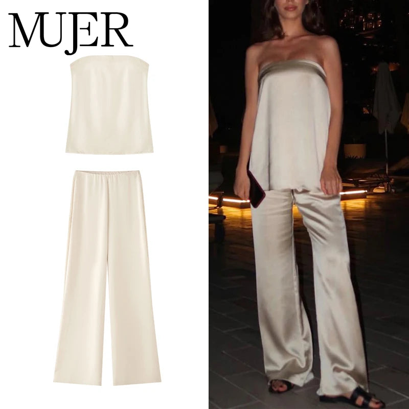 MUJER 2025 Women's Pants Sets Summer Satin High Waist Pants for Women Holiday Casual Pants Woman Straight Leg Trousers Woman.