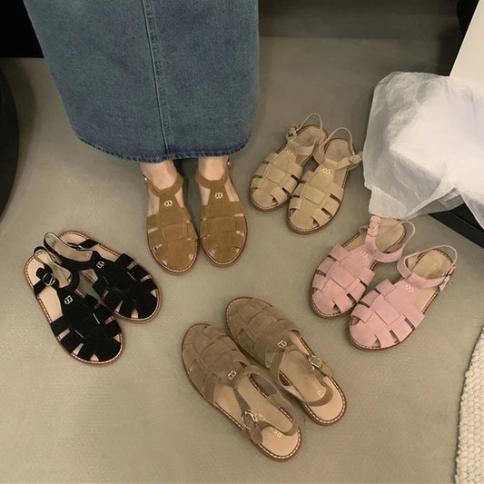 DIMANYU Women's Roman Sandals 2023 Summer New Flat Retro Real Leather Ladies Sandals Hollowed Women's Cage Shoes.