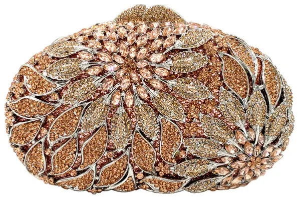 Gold Metal Leaves White Crystals Evening Clutch Bags Luxury Women Wedding Party Purse Ball Handbags Rhinestone Mini heart bag.
