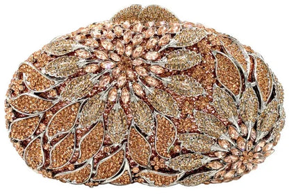 Gold Metal Leaves White Crystals Evening Clutch Bags Luxury Women Wedding Party Purse Ball Handbags Rhinestone Mini heart bag.