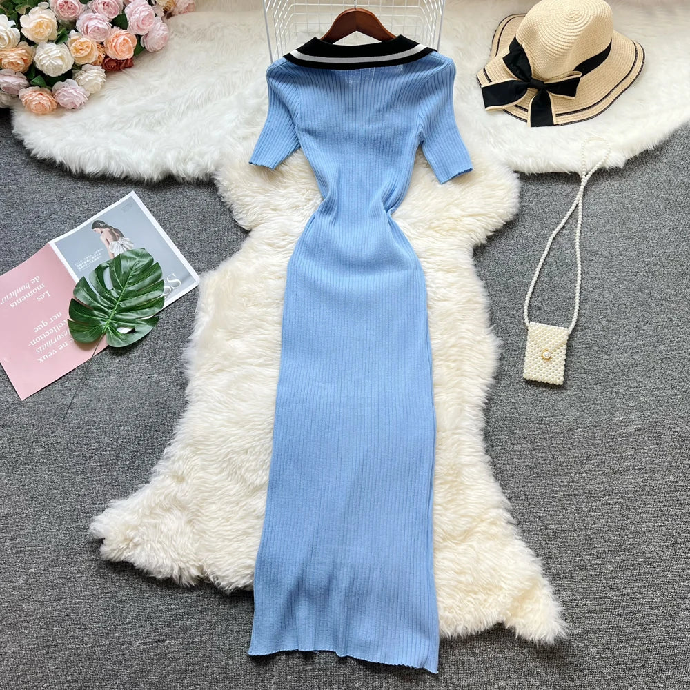 YuooMuoo 2023 Neue Sommer Frauen Gestrickte Lange Kleid Elegante Stickerei Dünne Elastische Bodycon Pullover Kleid Büro Dame Vestidos.