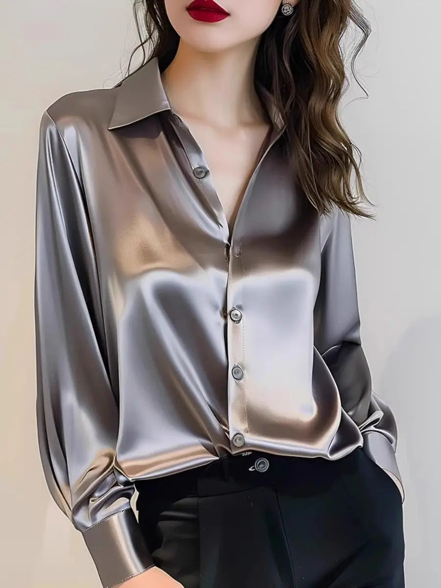 2025 Summer Women's Satin Shirts Elegant Plain Long Sleeve Blouse Office Lady Button-Up Shirt Top Female Shirts Blouse Autumn.