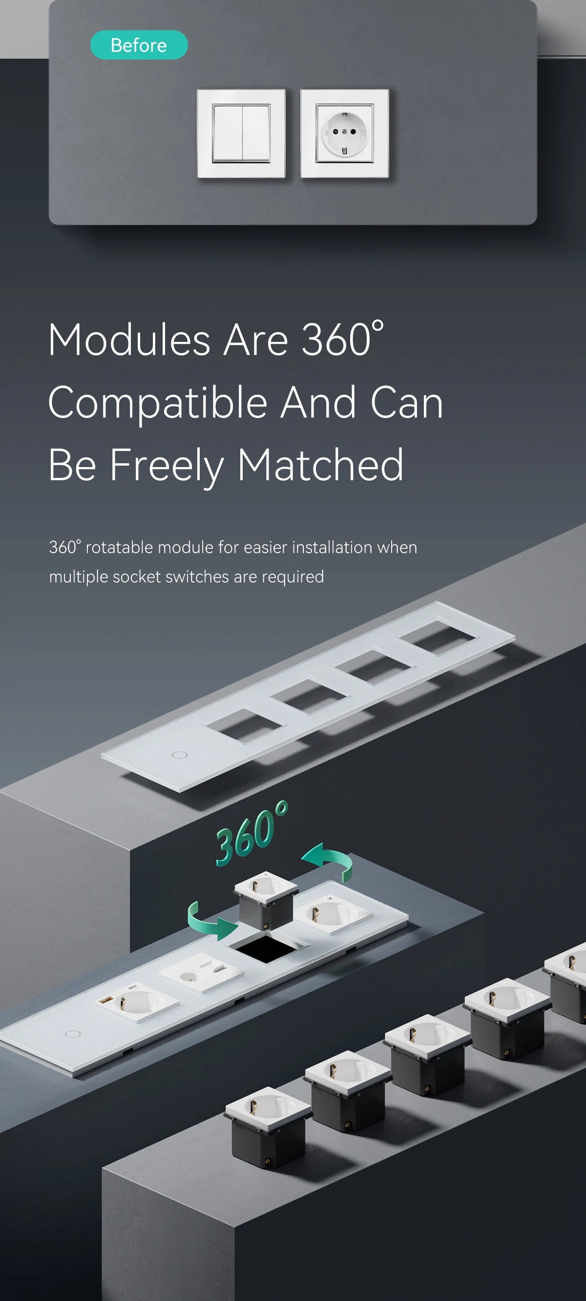 BSEED 1/2/3Gang Touch-Schalter 1-Wege-Lichtschalter mit EU-Steckdosen USB Typ-C-Steckdosen Glasscheibe Schwarz.