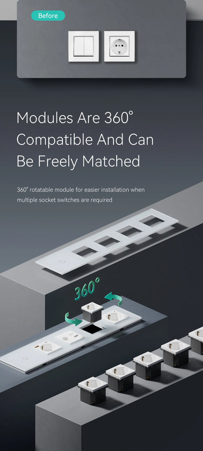 BSEED Touch-Lichtschalter mit EU-USB-Steckdosen, schwarze Wand-LED-Schalter, 1/2/3 Gang, 1-Wege-Kristall, dunkelblaue Hintergrundbeleuchtung, Wandschalter.