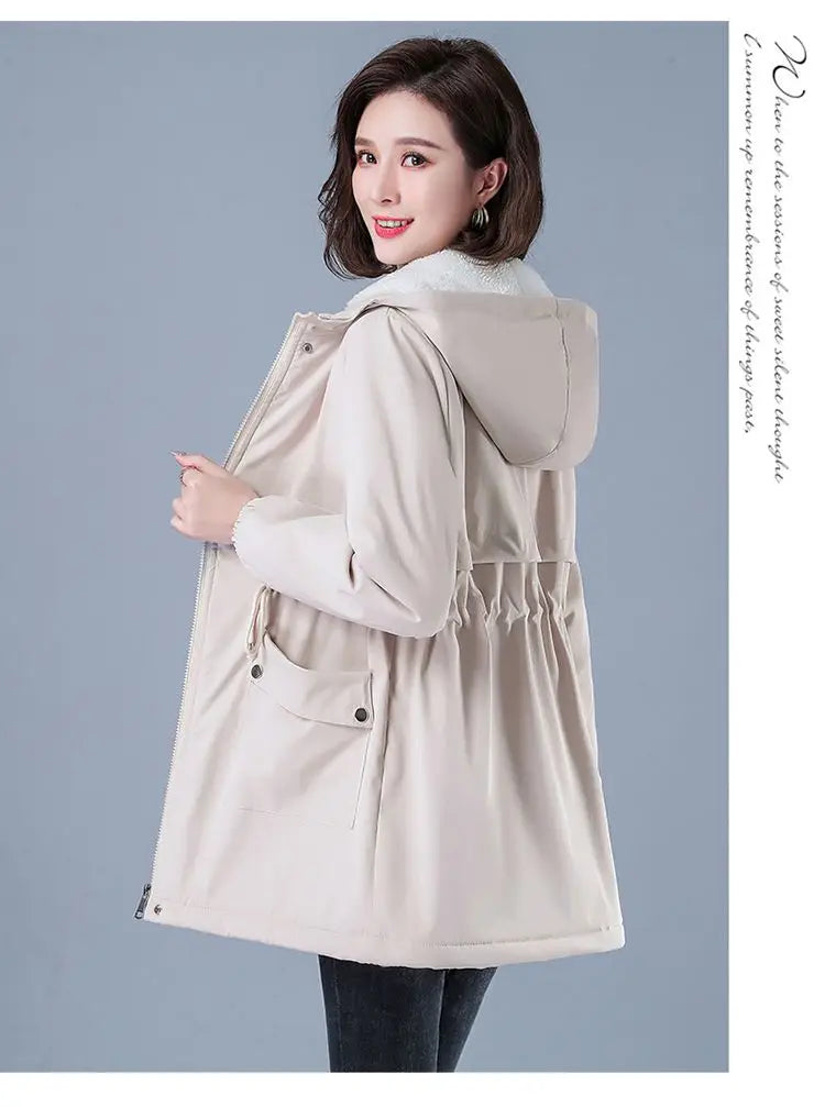 Fleece-gefütterte Kapuze, Daunenjacke, Wintermantel für Damen, warme, mit Kordelzug gepolsterte Parkas, mittellanger Mantel, Streetwear, gepolsterte Kleidung