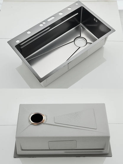 Küchenspüle aus Edelstahl 304, doppelter Wasserfall, Einzelschlitz, integrierte Digitalanzeige, Wasserhahn-Set, Seifenspender, Tassenwascher