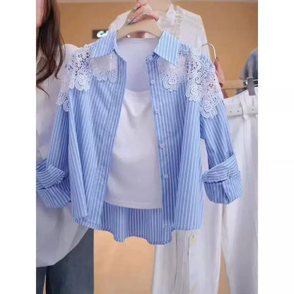 Lace Hook Splicing Polo Neck Striped Women Shirt Spring New Loose Jacket Top.