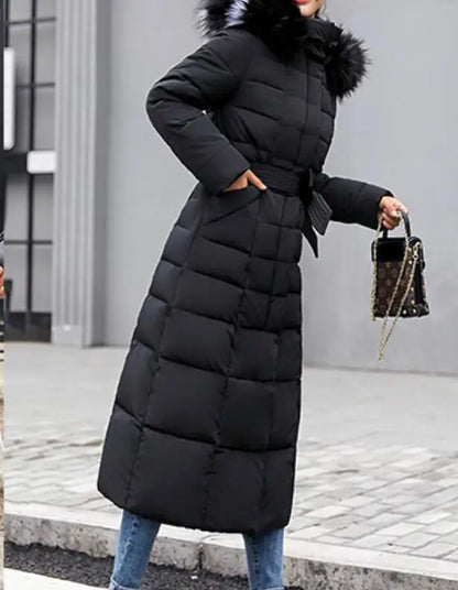 Neue Wintermode Langarm Pelzkragen Reißverschluss Einfarbig Slim Fit Lange Version Dicke Daunenjacke Mit Kapuze Für Frauen, 6 Farben.