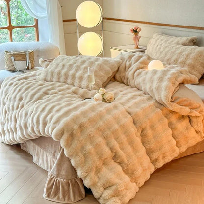 2024 new solid color colorful rabbit wool four-piece set, one side of rabbit fur and one side of milk wool thickened warm