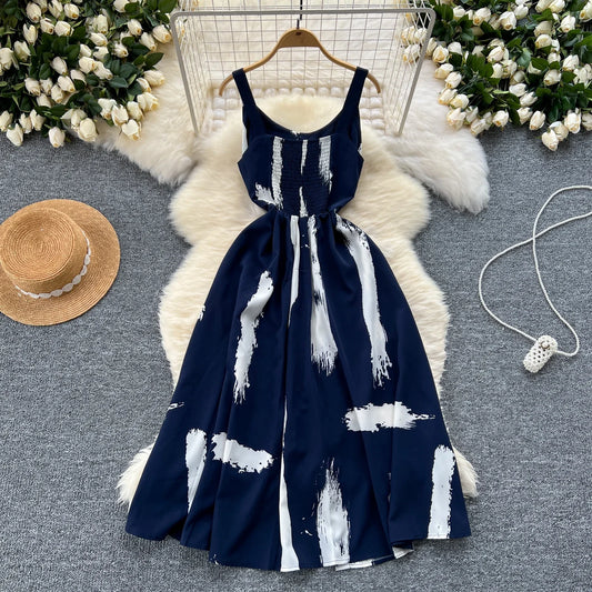Neue Sommer Druck Süße Kleid Träger O Neck Backless Split Elegante Damen Urlaub Strand Party Midi Sommerkleid