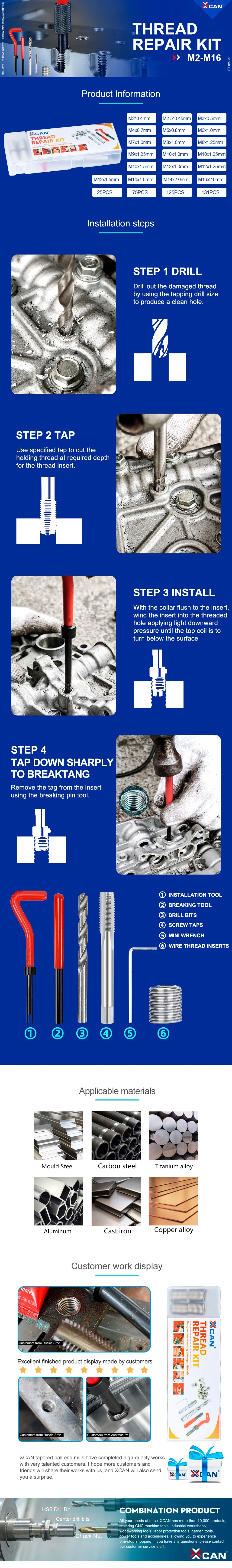 XCAN Gewindereparaturwerkzeug, 25 Stück, M3/M4/M5/M6/M7/M8/M10/M12/14 zur Wiederherstellung beschädigter Gewindeschraubenschlüssel, Spiralbohrer, Handwerkzeug