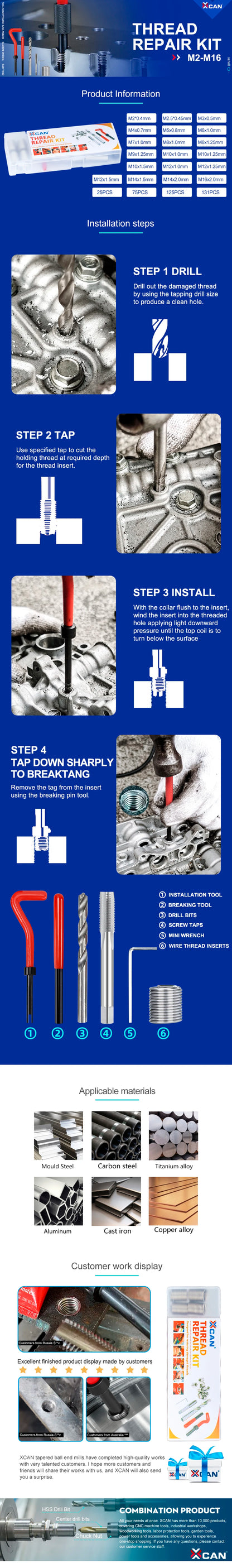 XCAN Gewindereparaturwerkzeug, 25 Stück, M3/M4/M5/M6/M7/M8/M10/M12/14 zur Wiederherstellung beschädigter Gewindeschraubenschlüssel, Spiralbohrer, Handwerkzeug