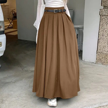 ZANZEA Women High Waist Jupe 2025 Autumn Vintage Office Falda Korean Fashion Pleating Swing Skirt Holiday Loose Solid Maxi Skirt.