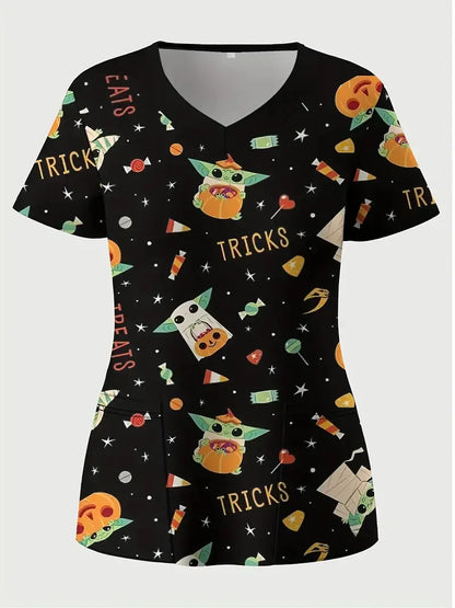 Halloween Surgical Uniforms Woman Cartoon Print Fashions Nurse Casual V-Neck Short Sleeve Patch Contest Clinical Uniform Woman.