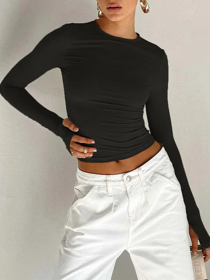 Modisches Damen-T-Shirt mit langen Ärmeln, Rundhalsausschnitt, solides Slim-Fit-Damen-Crop-Top mit Daumenlöchern für den täglichen Streetwear-Sommer-Camis