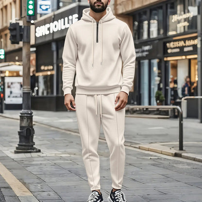 Men's Autumn Waffle Solid Color Hooded Half-Zipper Drawstring Long-Sleeved Sweatshirt And Long Pants Set Casual Comfortable Outf.