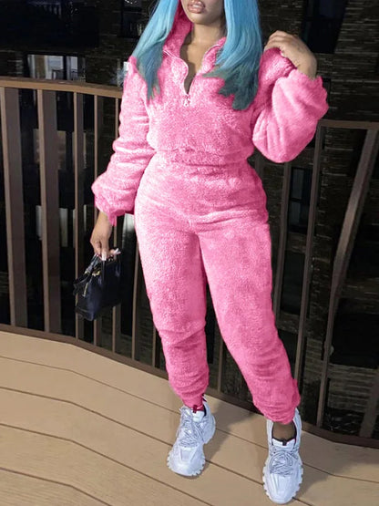 Mode Lässig Einfarbig Plüsch frauen Anzug Herbst Winter Neue Ultra Kurze Jacke Schlank Warme Sport Hosen Mädchen 2-teiliges Set