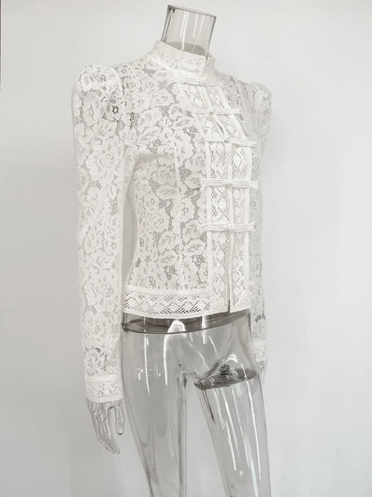 Tuularose Luxury Lace Blouse Fashion Lace Print Single Breasted Slim Shirt Vintage Elegant Party Looks Summer Women Blouse Tops.